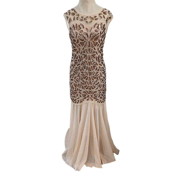 1920s Style Couture Sequins Formal Gown L Peach Long Dress Prom Holiday Gatsby - Picture 1 of 16